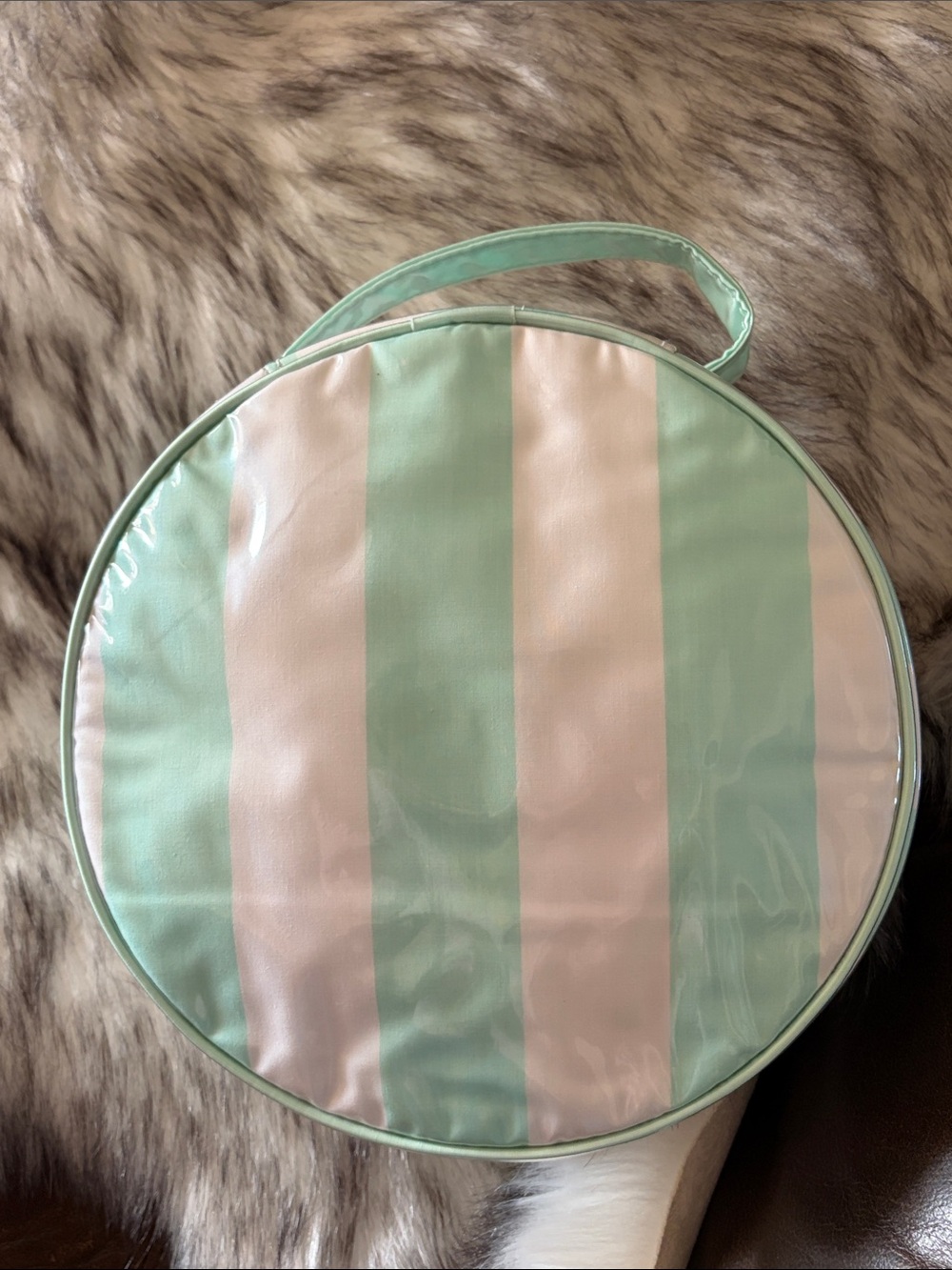 Estee Lauder Mint and White Striped Round cosmetic case